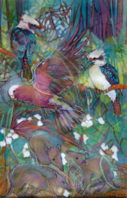 Two Kookaburras (guuguubarra), One Galah (pink & grey cockatoo), Three Southern Brown Bandicoots. Acrylic paint & pastel on paper. 31 cm x 48.5 cm. 2023 Two Kookaburras (guuguubarra), One Galah (pink & grey cockatoo), Three Southern Brown Bandicoots. Acrylic paint & pastel on paper. 31 cm x 48.5 cm. 2023